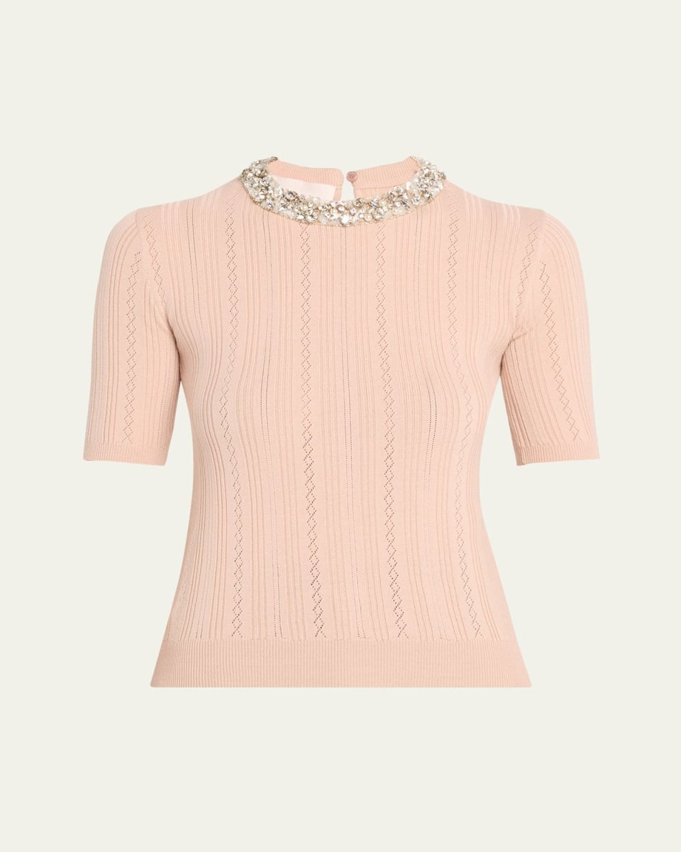 Crystal Collar Pointelle Knit Short-Sleeve Sweater